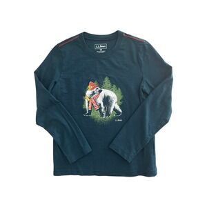 LL Bean Kids Long Sleeve‎ Graphic Tee Polar Bear Winter Holiday Shirt Teal S 8